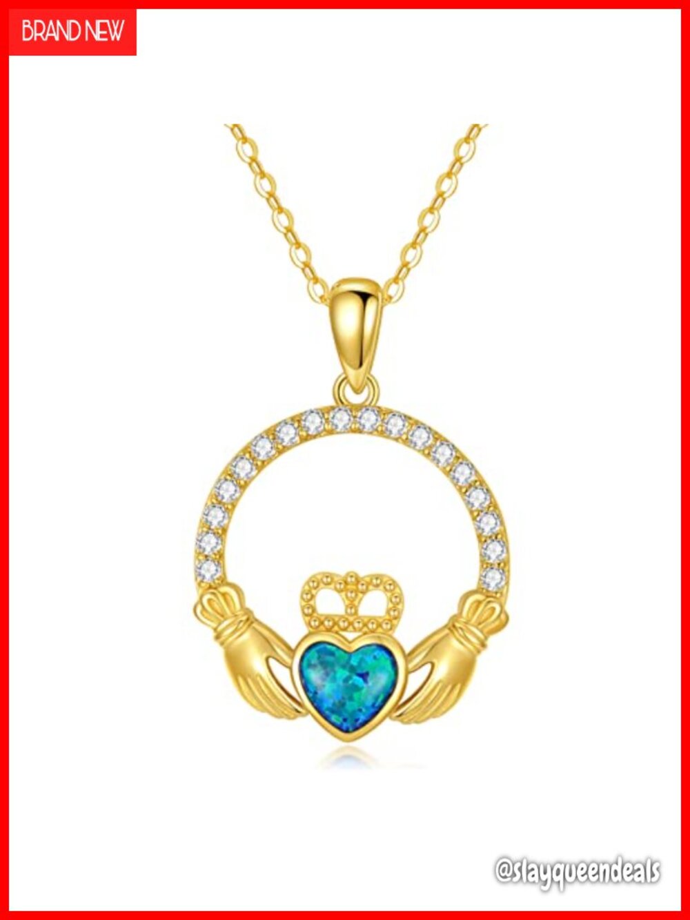 14K Yellow Gold Claddagh Necklace Opal Heart Pendant 16+1+1 In